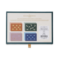 Packaging of Designworks Ink assorted notecards and envelopes with decorative designs on a white background.